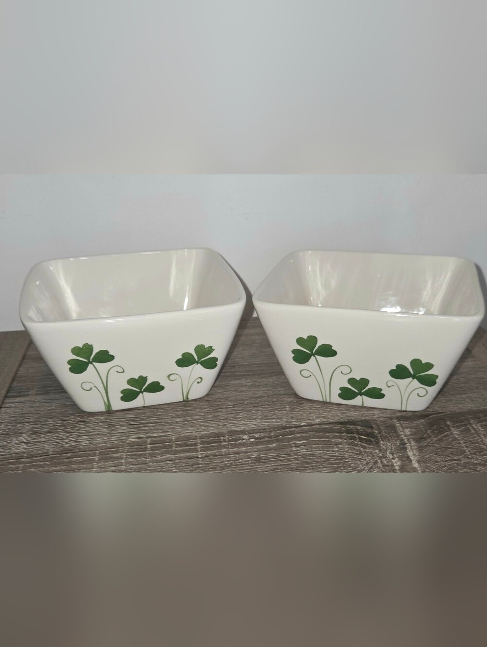 Farval Ceramic Square Soup or Cereal Bowls Green Shamrock Clover Pattern SEE PIC